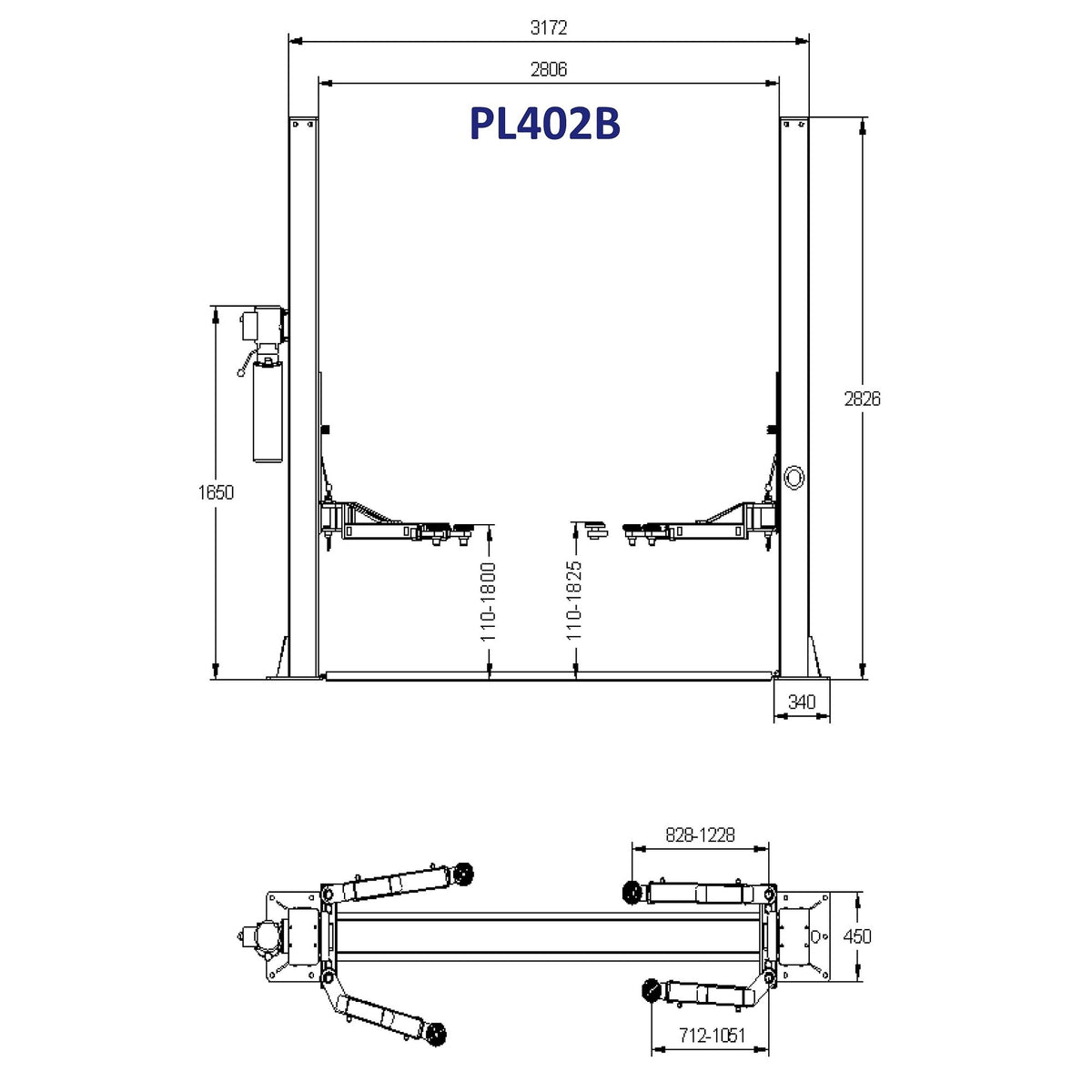 PL402B — rysunek wymiarowy: rama 2824 × 3172 mm, podnoszenie 1800 mm