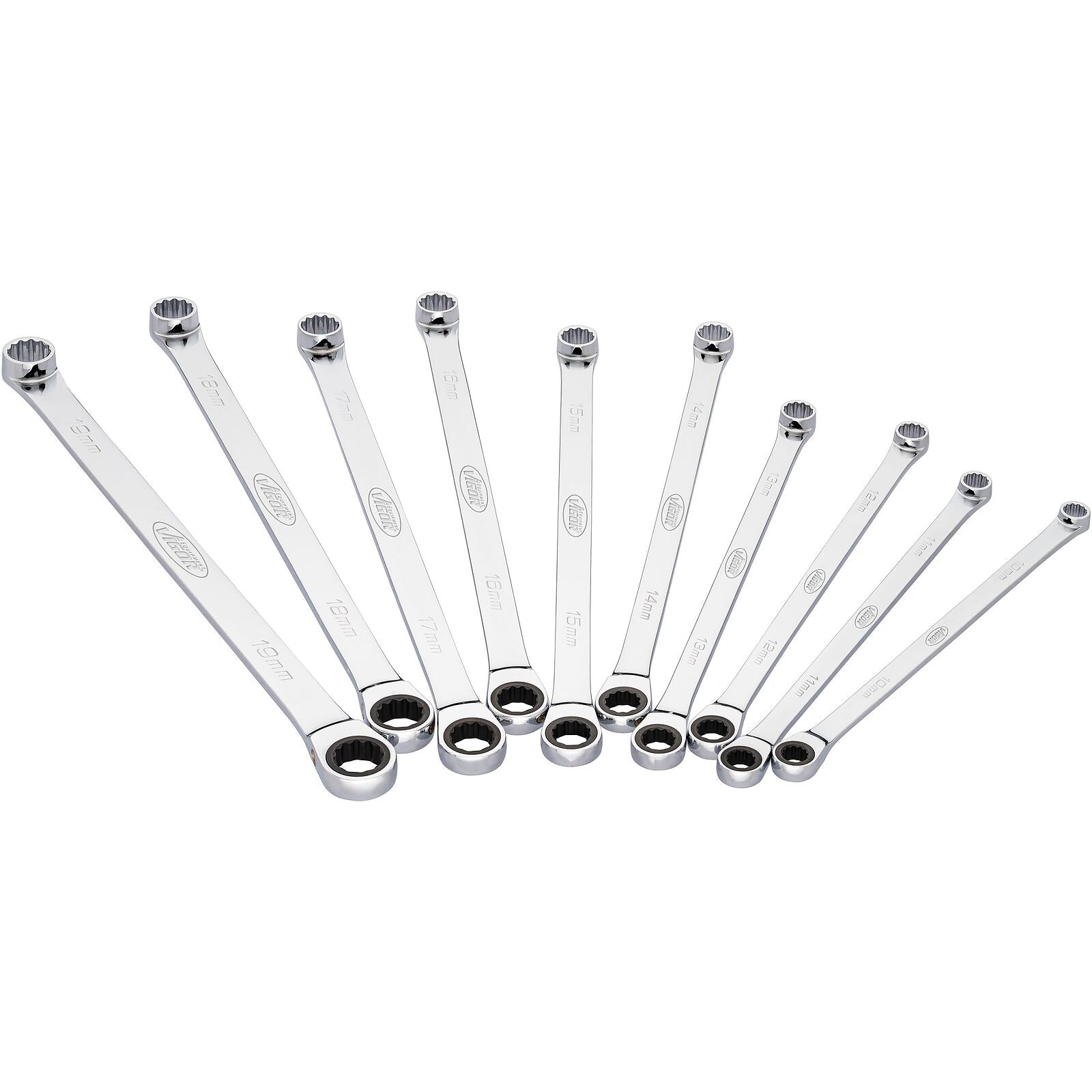 VIGOR V7031 zestaw 10 kluczy oczkowych z grzechotką 10-19 mm