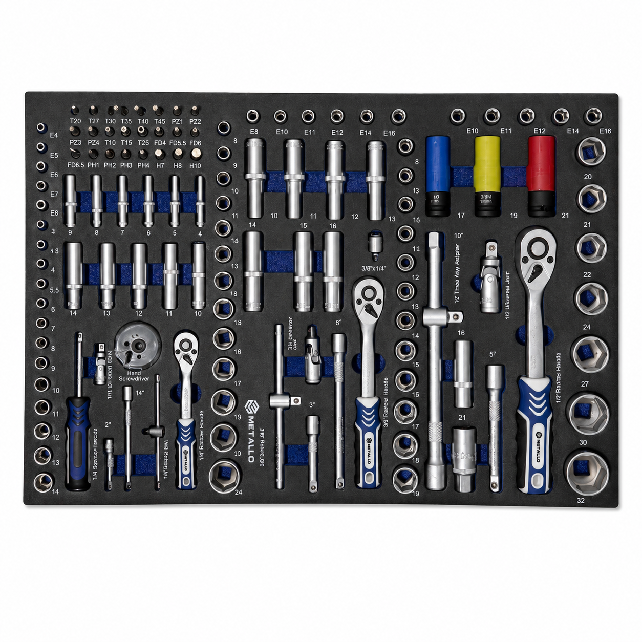Szuflada — Komplet nasadek 1/4", 3/8", 1/2" z bitami i grzechotkami
