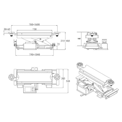 PLX30TQ — rysunek wymiarowy: skok 215–485 mm, ramię 780–1600 mm