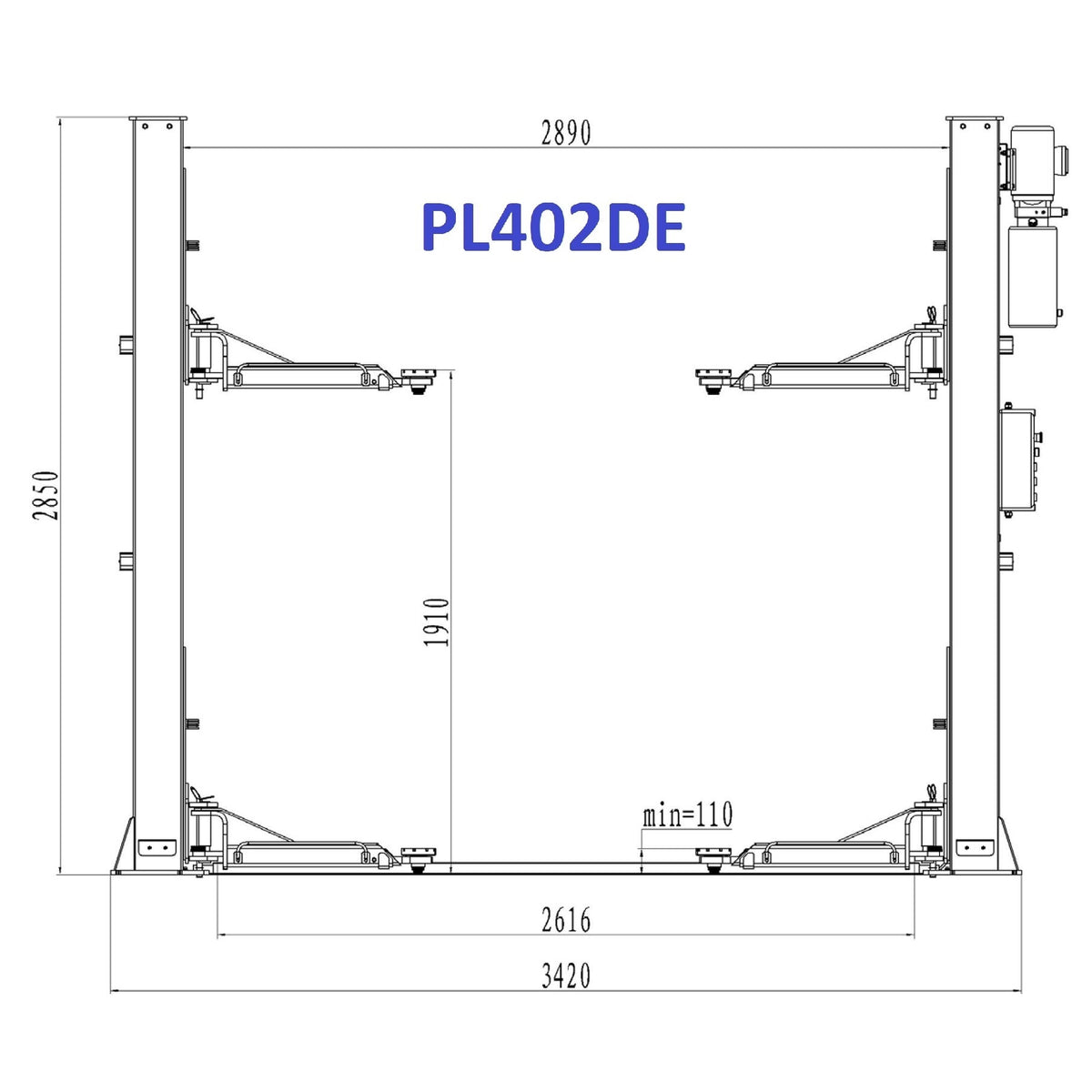 PL402DE — rysunek wymiarowy: rama 2850 × 2890 mm, podnoszenie 1910 mm