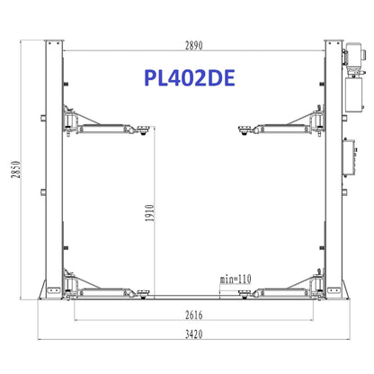 PL402DE — rysunek wymiarowy: rama 2850 × 2890 mm, podnoszenie 1910 mm