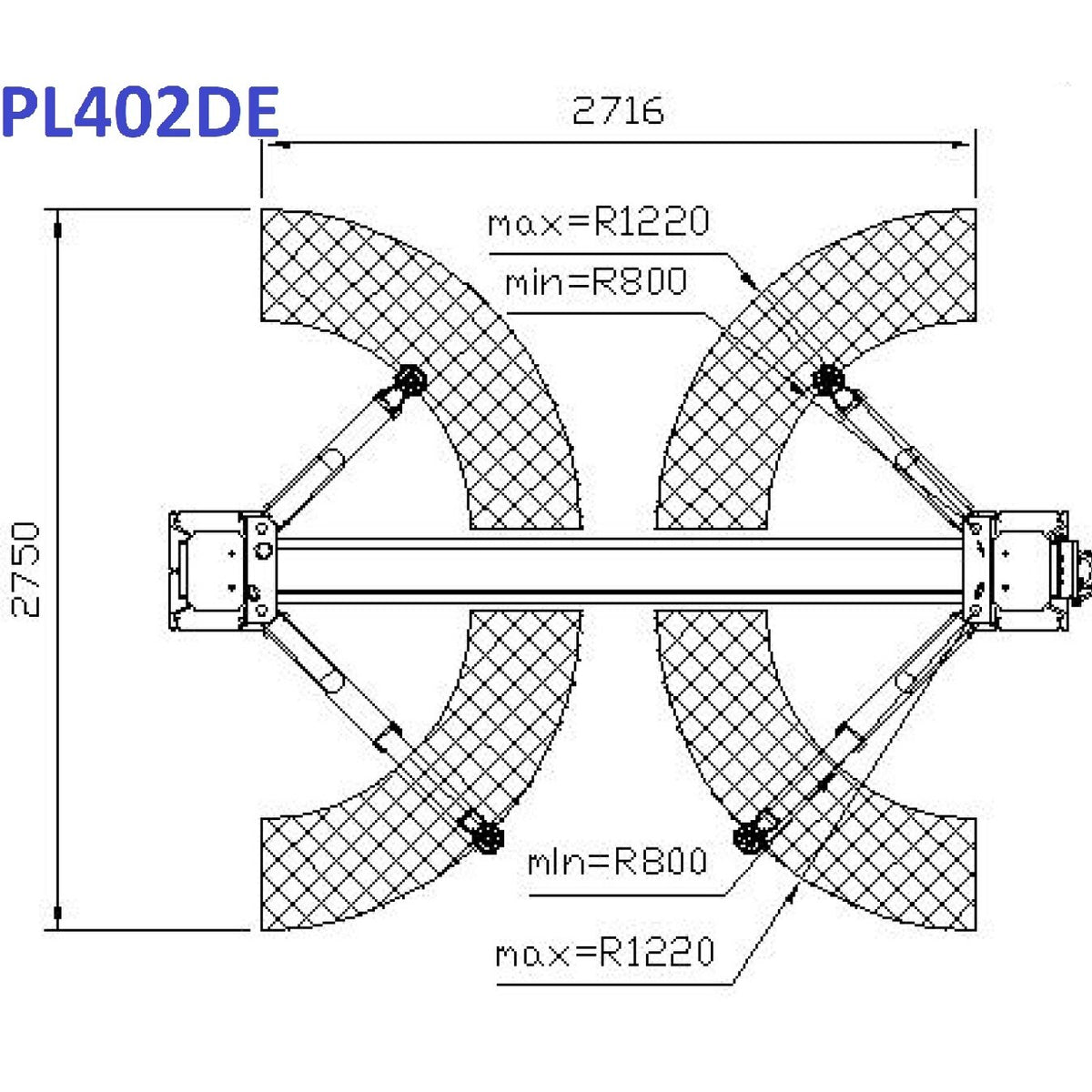 PL402DE — zasięg ramion: min. R800, maks. R1220 mm