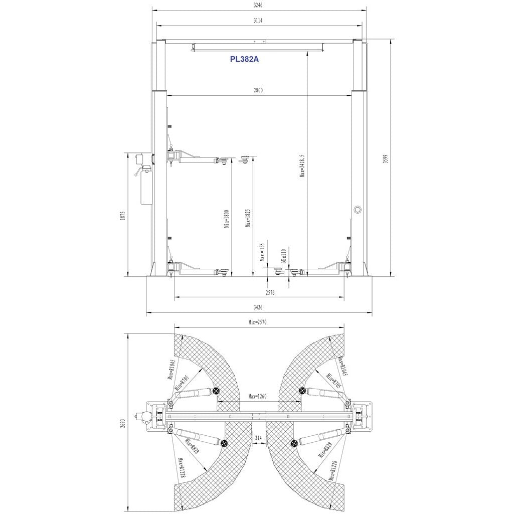 PL382A — rysunek wymiarowy: rama 3418,5 × 2800 mm