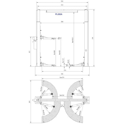 PL382A — rysunek wymiarowy: rama 3418,5 × 2800 mm