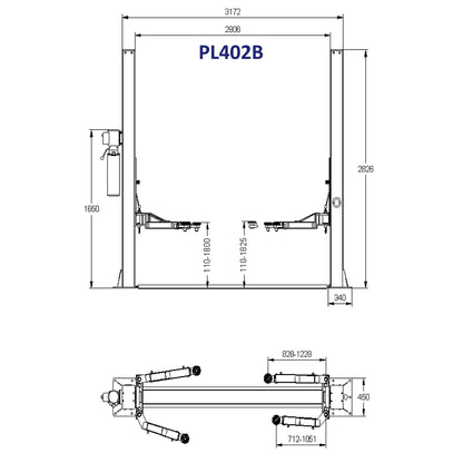 PL402B — rysunek wymiarowy: rama 2824 × 3172 mm, podnoszenie 1800 mm