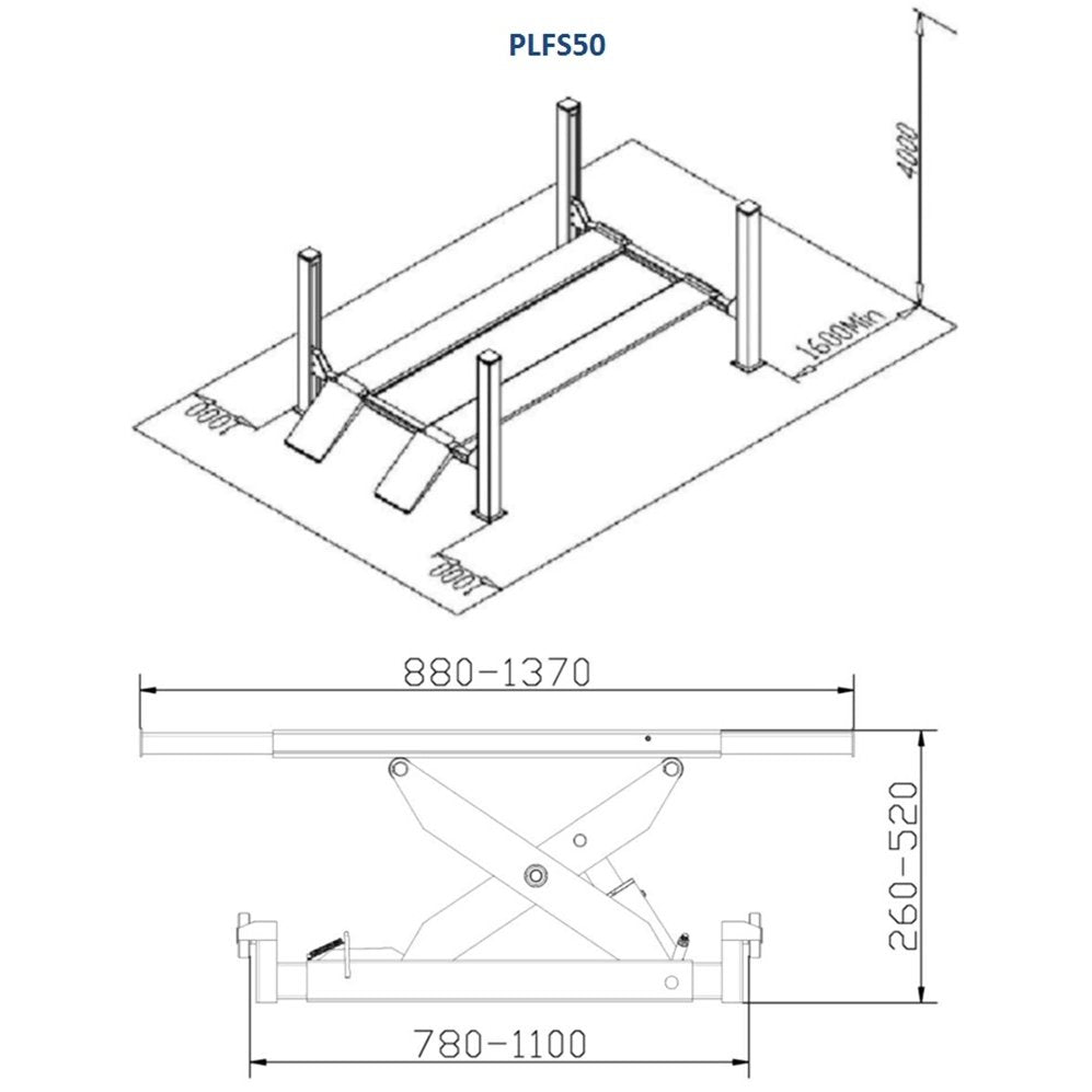 PLFS50 — rysunek wymiarowy: najazdy 5190 mm, podnoszenie 1750 mm