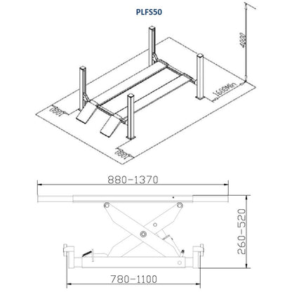 PLFS50 — rysunek wymiarowy: najazdy 5190 mm, podnoszenie 1750 mm
