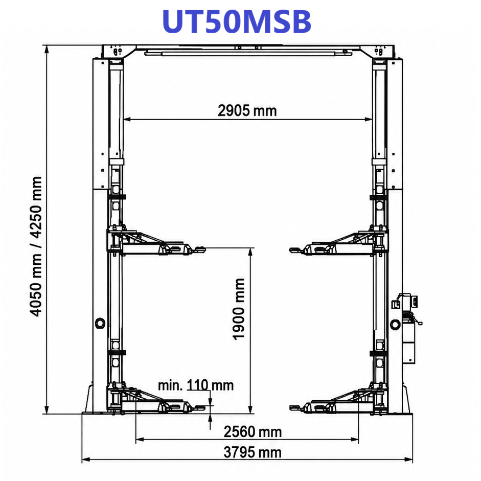 UT50MSB — rysunek wymiarowy: rama 4250 mm, podnoszenie 1900 mm