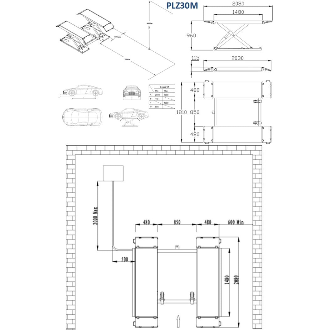 PLZ30M — rysunek wymiarowy i montażowy, platformy 1480 × 480 mm