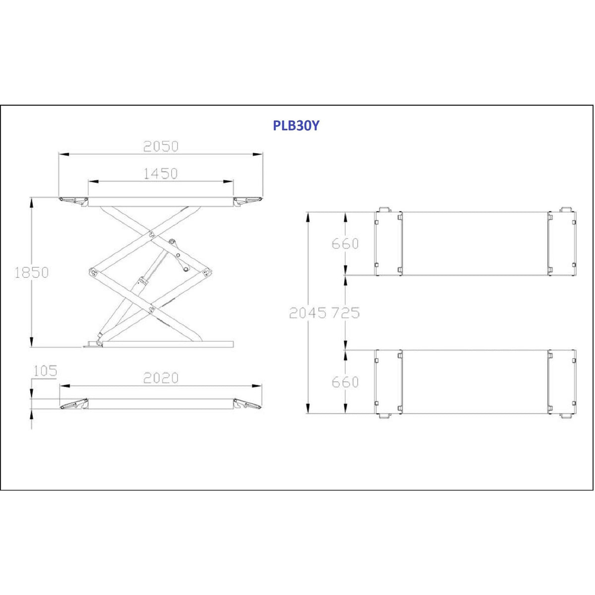 PL-B30Y — wymiary: 2050 mm platforma, 1850 mm podnoszenie, 105 mm profil
