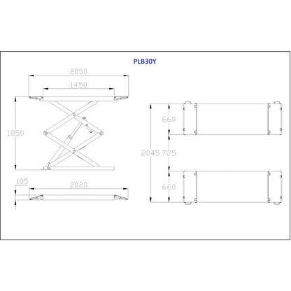 PL-B30Y — wymiary: 2050 mm platforma, 1850 mm podnoszenie, 105 mm profil