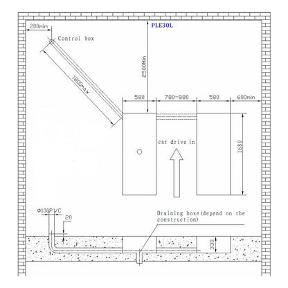 Rysunek montażowy PL-E30L: wykop 330 mm, szafa sterownicza do 1800 mm, odprowadzenie wody