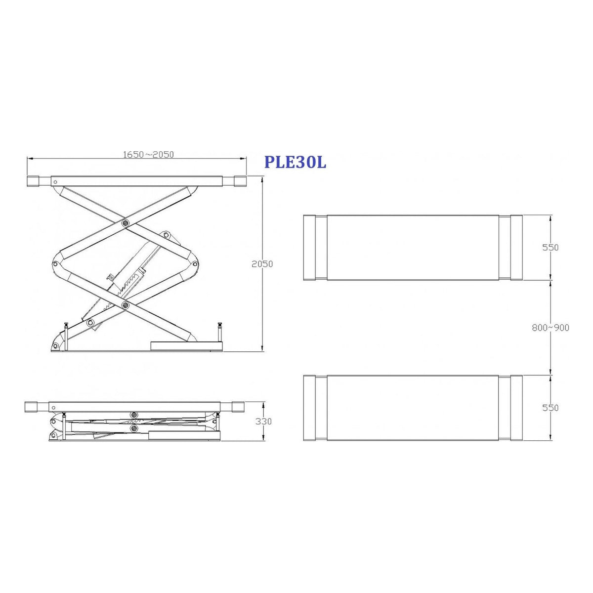 Wymiary PL-E30L: platformy 1650–2050 x 550 mm, podnoszenie 2050 mm, wysokość minimalna 330 mm