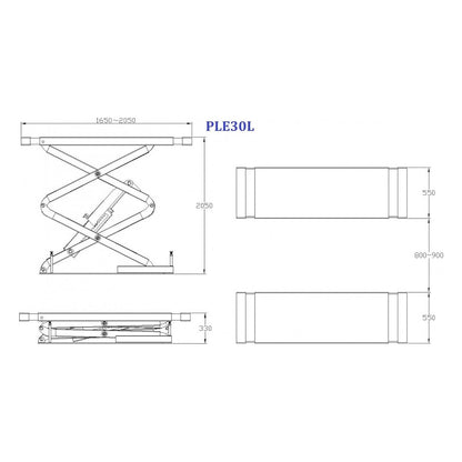Wymiary PL-E30L: platformy 1650–2050 x 550 mm, podnoszenie 2050 mm, wysokość minimalna 330 mm