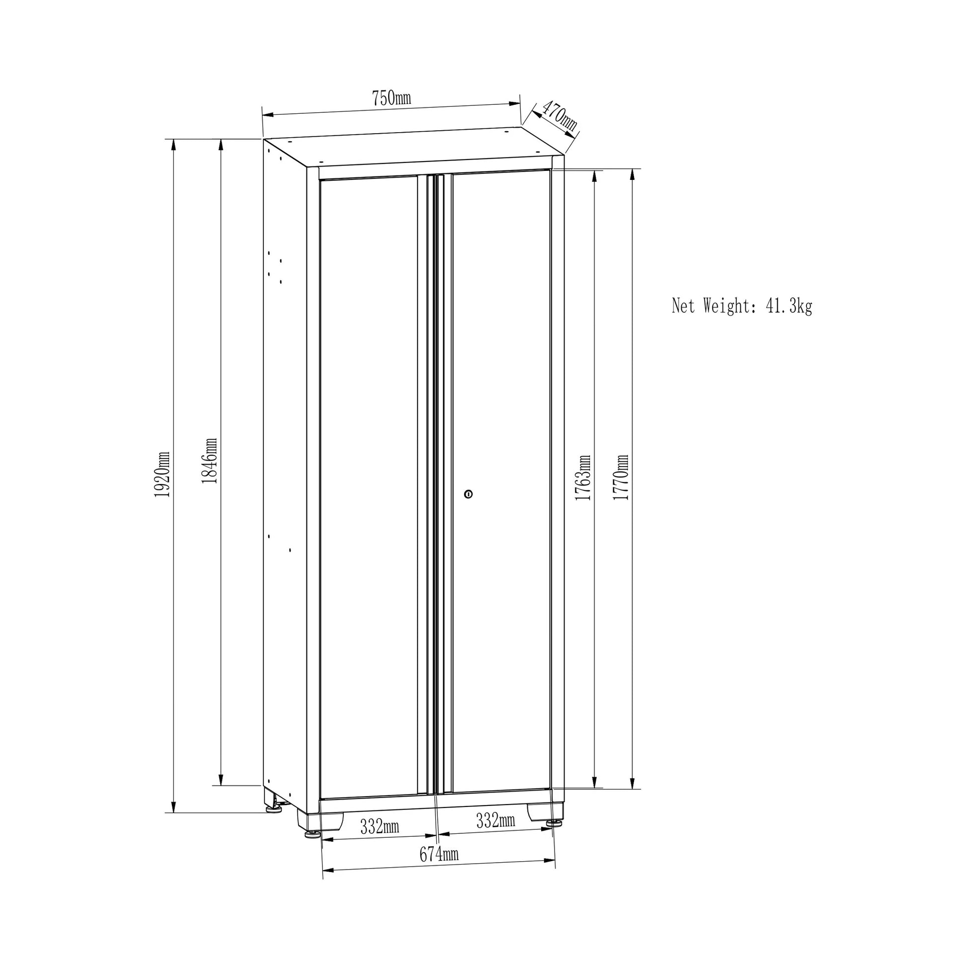 Szafa warsztatowa wysoka 750 x 470 x 1920 mm — rysunek wymiarowy