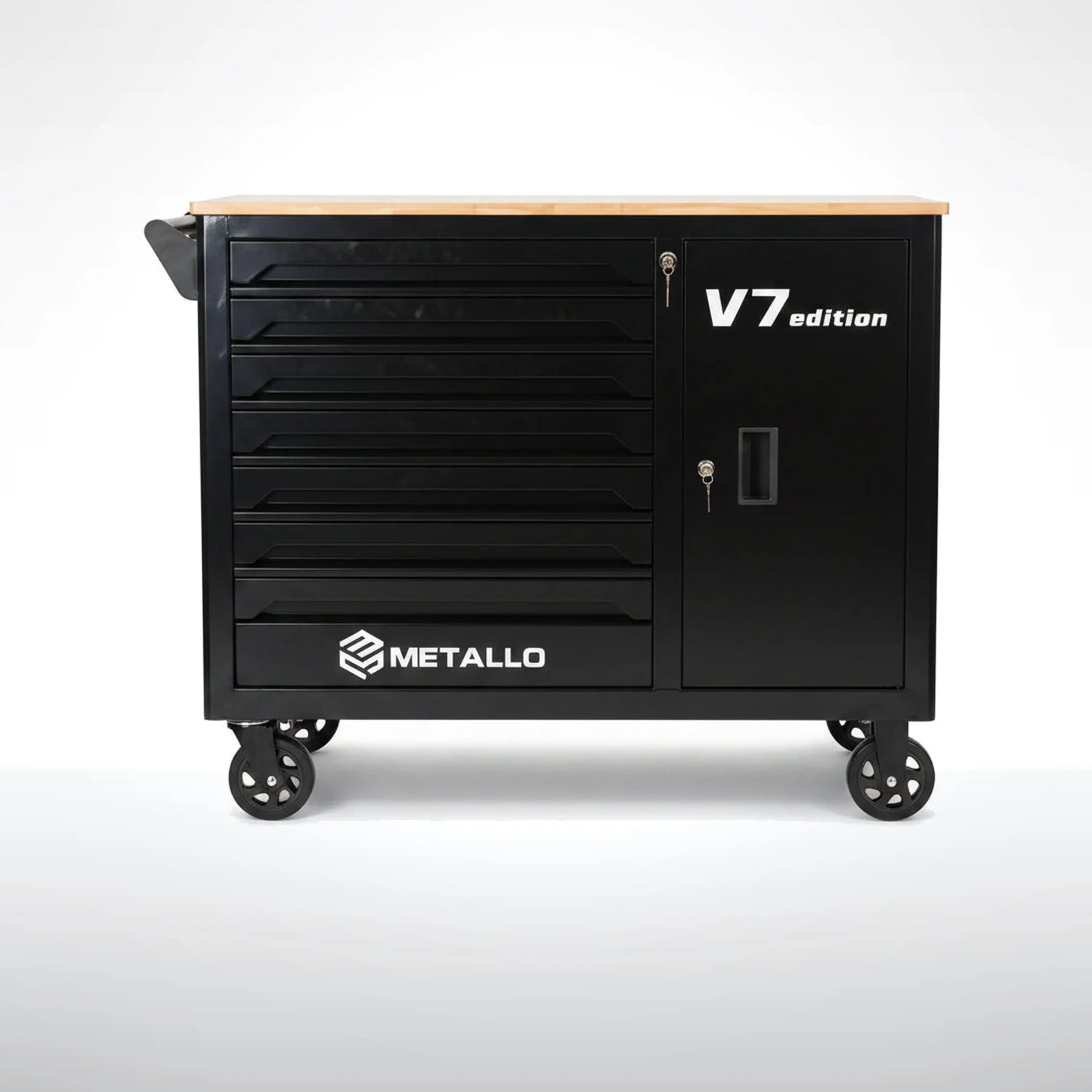 Metallo V7 Edition — Wózek warsztatowy 7 szuflad + drewniany blat + 370 elementów (VDE 1000V) — zdjęcie studyjne