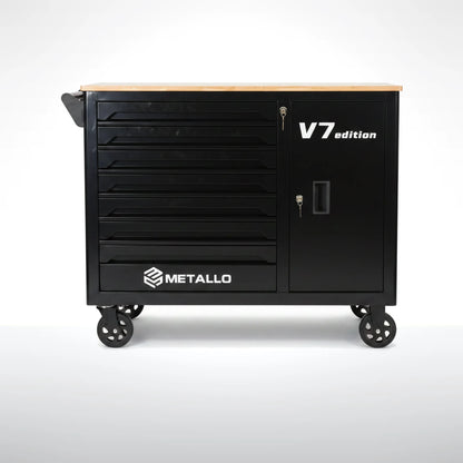 Metallo V7 Edition — Wózek warsztatowy 7 szuflad + drewniany blat + 370 elementów (VDE 1000V) — zdjęcie studyjne