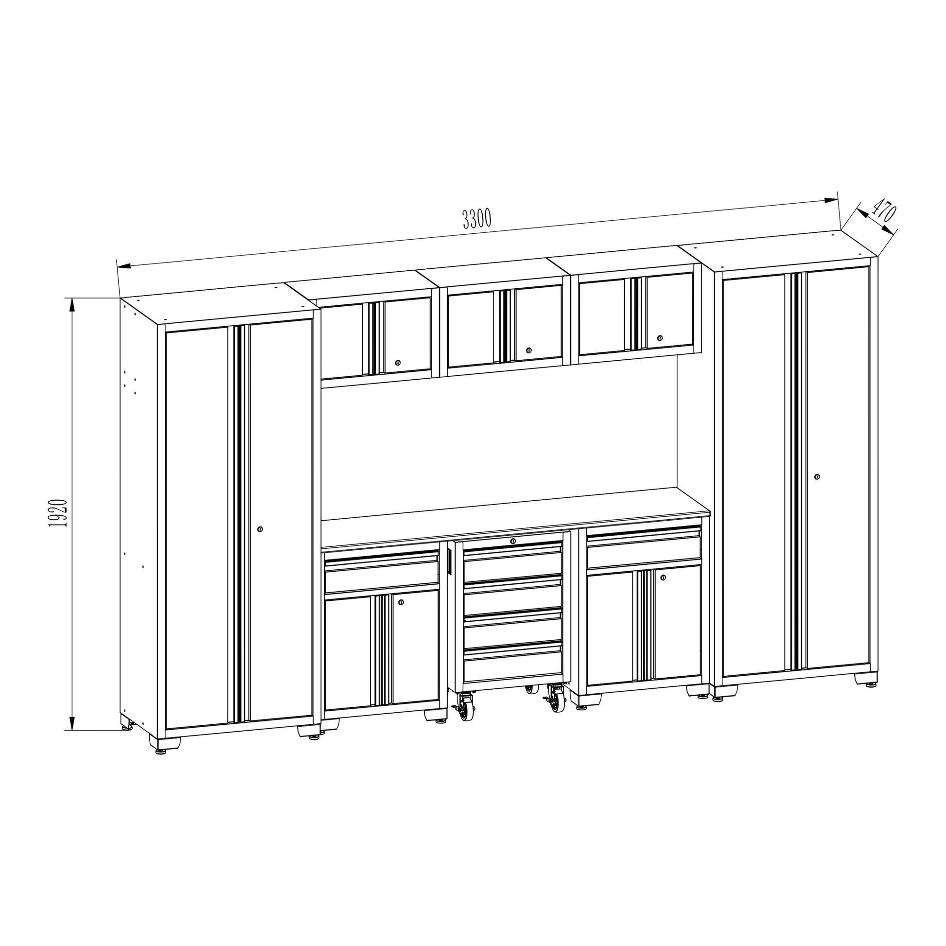 Zestaw mebli warsztatowych — rysunek wymiarowy całej zabudowy 3300 x 470 x 1920 mm