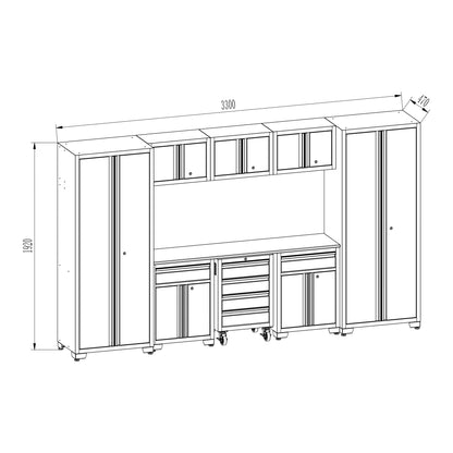 Zestaw mebli warsztatowych — rysunek wymiarowy całej zabudowy 3300 x 470 x 1920 mm